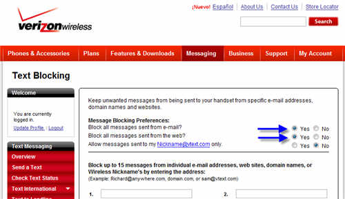 Text Blocking Prefereneces